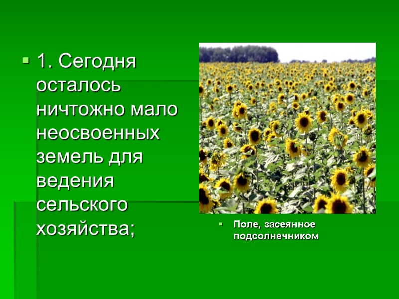 1. Сегодня осталось ничтожно мало неосвоенных земель для ведения сельского хозяйства;   